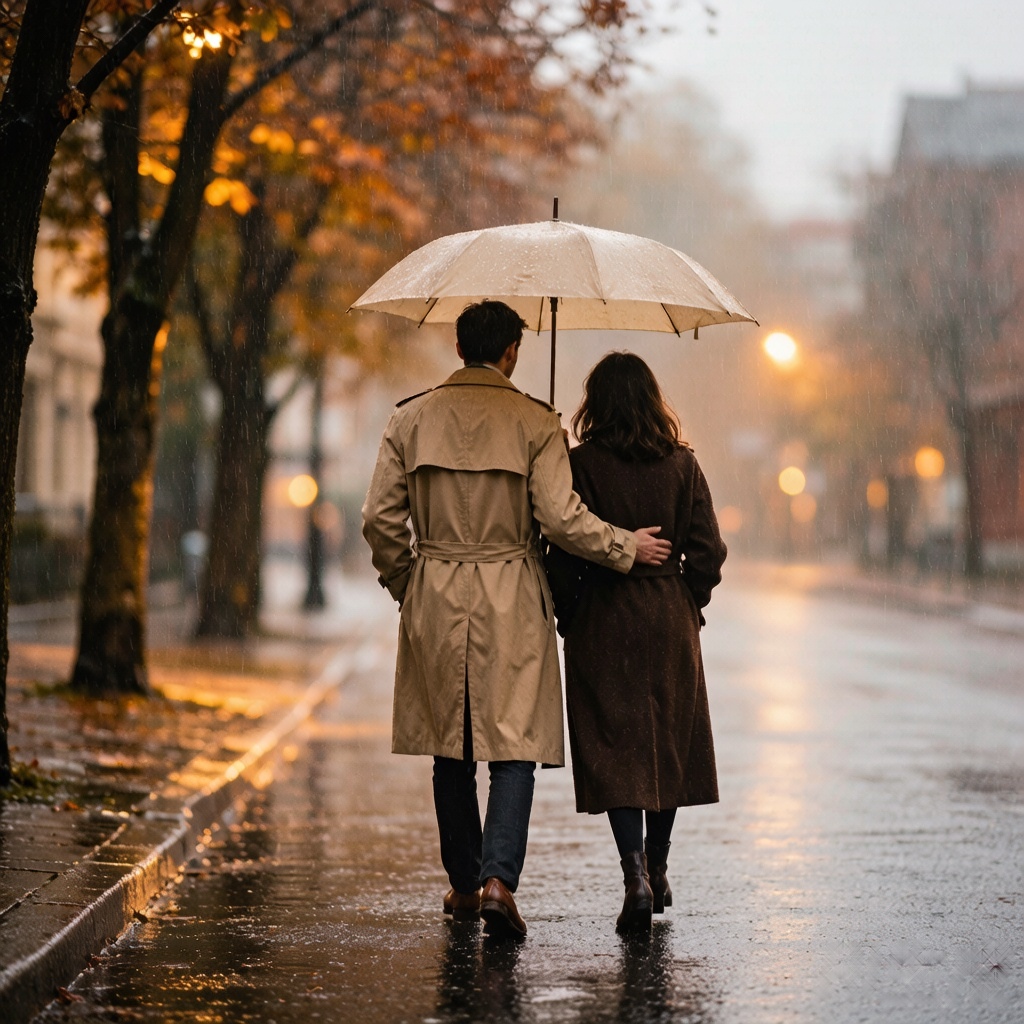 雨中同撑一把伞的情侣
